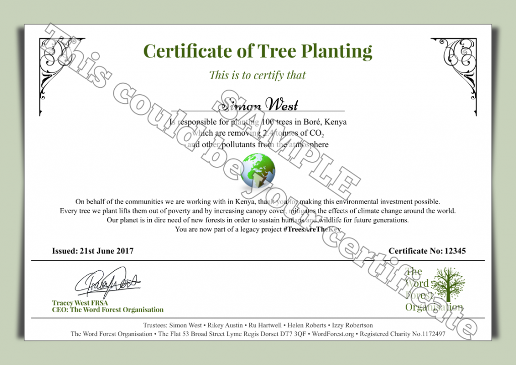 Certificate of Tree Planting for The Word Forest Organisation