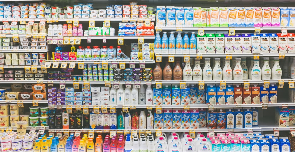 Shelves full of plant-based milks