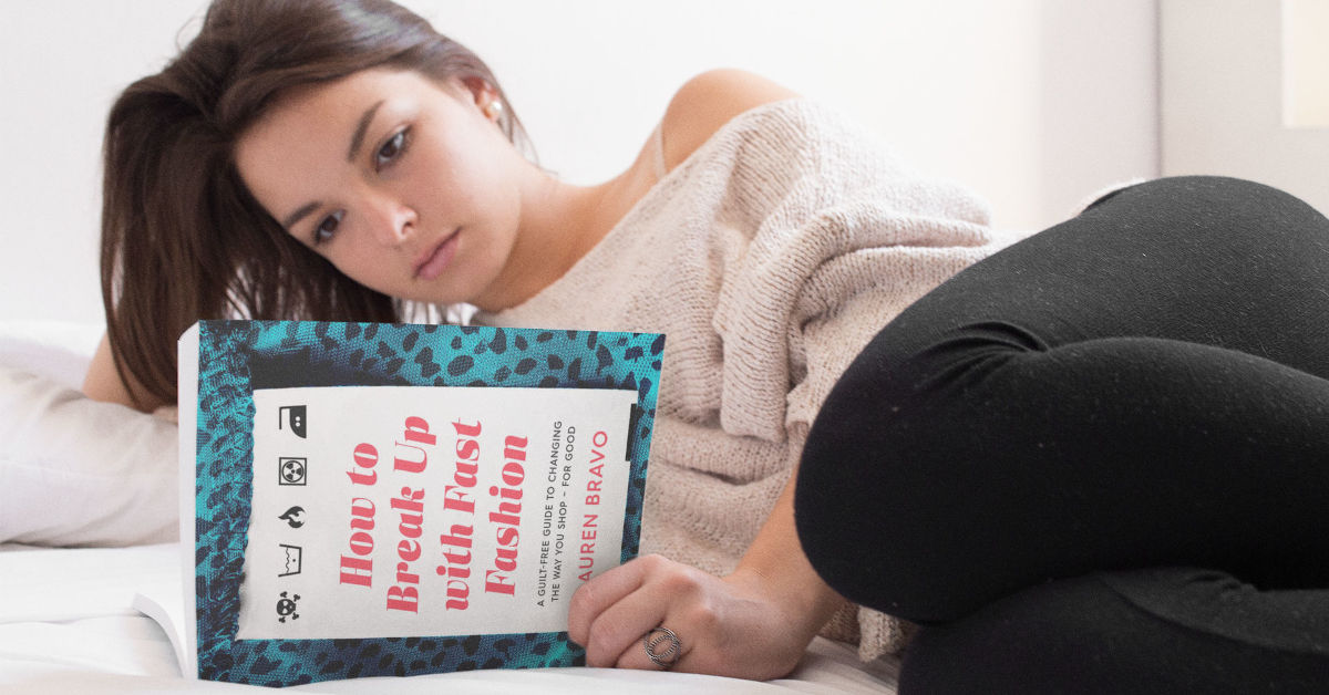 Relaxed girl reading How to Break Up with Fast Fashion by Lauren Bravo while lying down on bed