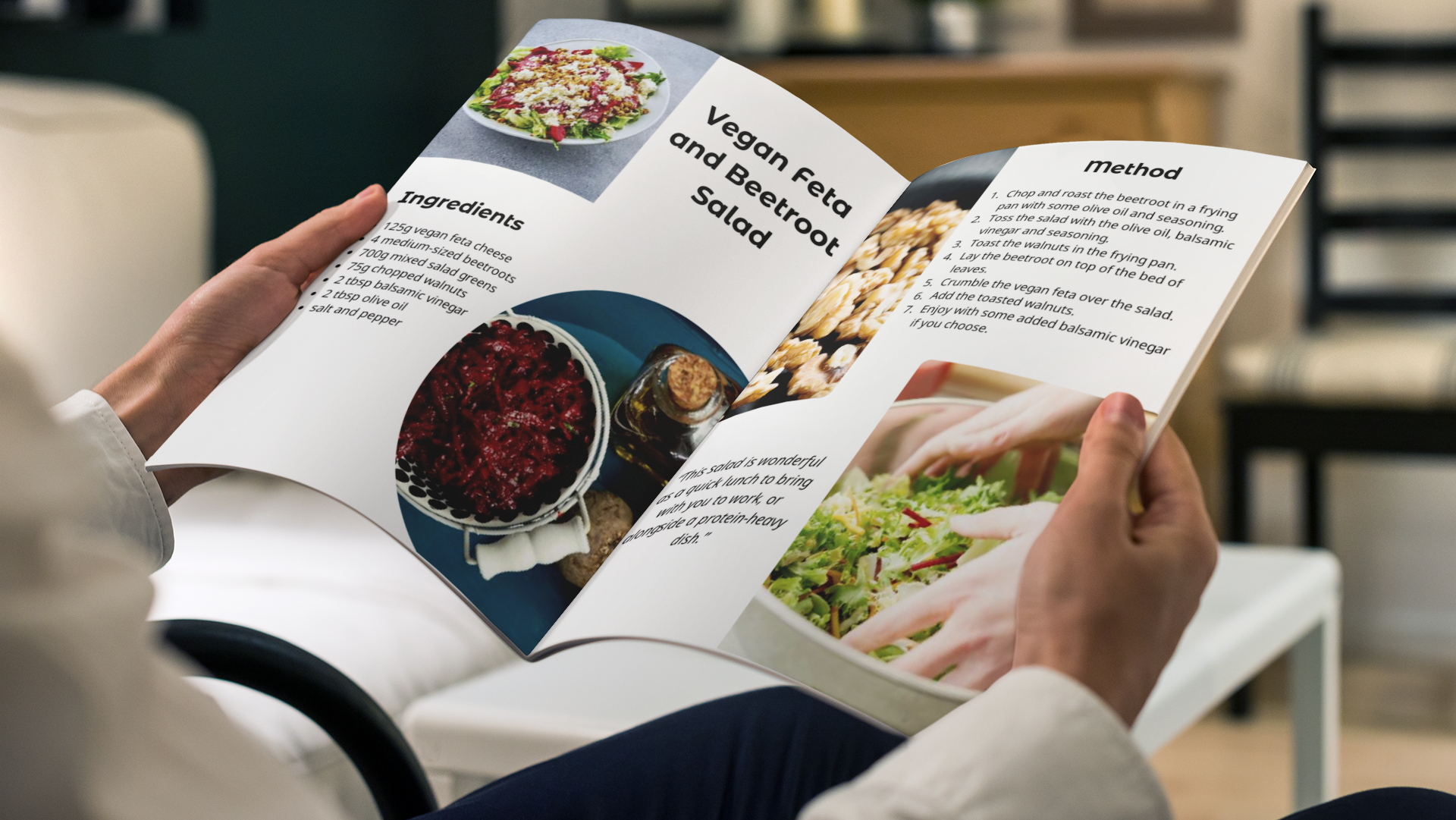 A man holding an open copy of the vegan cookbook in his living room